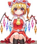  1girl ascot blonde_hair bow crystal flandre_scarlet frilled_shirt frilled_shirt_collar frilled_skirt frilled_sleeves frills hat hat_ribbon highres kiui_(dagk8254) medium_hair mob_cap one_side_up puffy_short_sleeves puffy_sleeves red_bow red_eyes red_ribbon red_skirt red_vest ribbon shirt short_sleeves skirt solo touhou vest white_shirt wings yellow_ascot 
