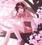  1boy androgynous bangs black_hair braid cherry cherry_blossoms food fruit genshin_impact gradient_hair highres male_focus multicolored_hair pink_eyes pink_hair pink_headwear pink_shirt sg_(under_siiiiii) shirt short_hair_with_long_locks twin_braids twitter_username venti_(genshin_impact) vision_(genshin_impact) white_shirt 