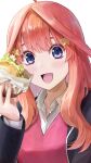  1girl :d ahoge bangs black_jacket blazer blue_eyes blush burger commentary_request eyebrows_visible_through_hair food go-toubun_no_hanayome hair_between_eyes hair_ornament highres holding holding_food ishiyuki00 jacket long_hair looking_at_viewer nakano_itsuki open_mouth red_sweater redhead school_uniform shiny shiny_hair shirt smile solo star_(symbol) star_hair_ornament sweater upper_body white_shirt 