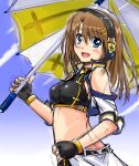  1girl bare_shoulders black_gloves blue_eyes blush breasts brown_hair fingerless_gloves gloves hair_ornament hairclip headphones large_breasts looking_at_viewer lyrical_nanoha mahou_shoujo_lyrical_nanoha_strikers midriff open_mouth racequeen san-pon shiny shiny_hair short_hair sideboob sketch sky smile solo umbrella upper_body yagami_hayate 