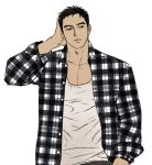 1boy bare_pectorals black_eyes black_hair buttons daga021010 hand_on_own_face looking_to_the_side male_focus open_clothes open_shirt original pectorals shirt solo t-shirt upper_body white_background 