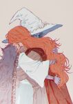  2girls agong blue_skin cape chinese_commentary colored_skin commentary_request dress elden_ring extra_arms from_side hat hug long_hair long_sleeves malenia_blade_of_miquella multiple_girls orange_hair profile ranni_the_witch red_cape wavy_hair white_dress white_headwear witch_hat yuri 