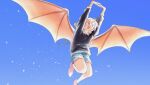  1boy arms_up artist_name barefoot black_sweater blue_background blue_shorts closed_eyes collared_shirt dong_dong_(the_legend_of_luoxiaohei) highres o0_savage open_mouth shirt shorts solo stretch sweater the_legend_of_luo_xiaohei white_shirt wings 