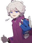  1boy ahoge bangs bede_(pokemon) coat commentary_request curly_hair dynamax_band eyelashes gloves great_ball grey_hair highres holding holding_poke_ball i_g1ax looking_at_viewer male_focus open_mouth partially_fingerless_gloves poke_ball pokemon pokemon_(game) pokemon_swsh purple_coat short_hair single_glove smile solo twitter_username violet_eyes watch watch 