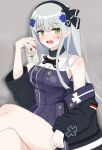  1girl absurdres alcohol bangs bare_shoulders beer beer_can black_hairband black_jacket blunt_bangs can dress drunk eyebrows_visible_through_hair girls_frontline green_eyes grey_background hairband highres hk416_(girls&#039;_frontline) holding holding_can jacket koenza_botoke long_hair long_sleeves looking_at_viewer mod3_(girls&#039;_frontline) off_shoulder open_clothes open_jacket open_mouth silver_hair simple_background sleeveless sleeveless_dress solo teardrop teardrop_facial_mark teardrop_tattoo 