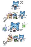  &gt;_&lt; 3girls absurdres antennae aqua_hair barefoot blonde_hair blue_bow blue_dress blue_hair blush_stickers bomb_item_(touhou) bow butterfly_wings capelet chaleu cirno closed_eyes closed_mouth collared_shirt detached_wings dress eighth_note electric_fan eternity_larva eyebrows_visible_through_hair fairy fairy_wings food green_dress hair_bow hat highres holding holding_food holding_leaf ice ice_cube ice_wings korean_commentary leaf leaf_on_head lily_white long_hair long_sleeves multicolored_clothes multicolored_dress multiple_girls musical_note open_mouth popsicle puffy_short_sleeves puffy_sleeves shirt short_hair short_sleeves simple_background sketch smile spoken_musical_note touhou white_background white_capelet white_headwear white_shirt wings 