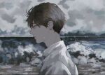  1boy blue_eyes brown_hair close-up clouds cloudy_sky cognacbear commentary_request earrings expressionless from_side grey_sky jewelry looking_afar male_focus nose ocean original outdoors shirt shore sky waves white_shirt 