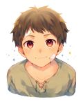  1boy bandaid bandaid_on_face brown_eyes brown_hair green_shirt highres looking_at_viewer male_focus original profile shirt short_hair simple_background smile sparkle sparkle_background straight-on tanahagi white_background 