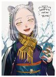  1girl 2022 :d aburage_(motimotigg20) animal_ears bangs blue_eyes blush cellphone chinese_zodiac ear_piercing fangs grey_hair half-closed_eyes happy_new_year highres holding holding_phone jacket jacket_on_shoulders japanese_clothes jewelry kimono multicolored_eyes multicolored_hair nail_polish open_mouth orange_eyes original outdoors parted_bangs phone piercing red_nails ring scarf smartphone smile solo sticker streaked_hair tiger_ears tiger_girl tree white_hair year_of_the_tiger 