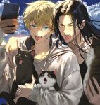  2boys animal black_hair blue_hair cat cellphone character_request clouds cloudy_sky copyright_request holding holding_animal looking_at_phone multiple_boys open_mouth outdoors phone runa_(artist) sky smartphone taking_picture tongue tongue_out too_many too_many_cats 