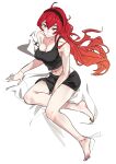  1girl ahoge arm_support bare_legs barefoot bed_sheet black_headband black_shorts black_tank_top breasts eris_greyrat eyebrows_visible_through_hair from_above headband highres large_breasts long_hair looking_to_the_side mushoku_tensei navel older red_eyes redhead shorts single_bare_shoulder solo strap_slip tank_top tidastdayo very_long_hair white_background 