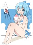  1girl blue_eyes blue_hair cirno food highres ice ice_cream ice_wings kt_kkz looking_at_viewer short_hair sitting solo swimsuit touhou wings 