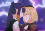  2girls blonde_hair blurry blurry_background blush closed_eyes commentary_request crow_(aaaaaaa068345) eyebrows_visible_through_hair hat highres hololive hololive_english long_hair multiple_girls ninomae_ina&#039;nis open_mouth parted_lips pointy_ears ponytail purple_hair smile teeth watson_amelia yuri 