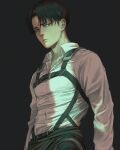  1boy artbyshinji black_background black_eyes black_hair close-up closed_mouth commentary_request curtained_hair highres levi_(shingeki_no_kyojin) male_focus shingeki_no_kyojin short_hair simple_background solo white_hair 