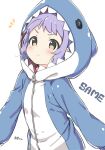  animal_costume animal_hood blush breasts buttons hood idolmaster idolmaster_million_live! kuresuku_(lessons) long_sleeves looking_at_another makabe_mizuki pout purple_hair shark_costume shark_hood short_bangs sidelocks small_breasts solo upper_body v-shaped_eyebrows wavy_hair white_background yellow_eyes zipper 