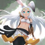  1girl absurdres afushiru_wa_kugi animal_ears arrow_(projectile) bare_shoulders black_legwear blue_eyes dark-skinned_female dark_skin dragalia_lost highres long_hair looking_at_viewer midriff navel open_mouth quiver rabbit_ears sarisse_(dragalia_lost) solo teeth upper_teeth white_hair 