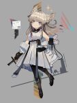  1girl absurdres animal_ears arknights arknights:_endfield bangs bare_shoulders blue_eyes blush breasts brown_hair closed_mouth dress gloves highres jacket off_shoulder pantyhose perlica_(arknights) ryu_(17569823) sleeveless sleeveless_dress solo sparkle sword weapon white_dress white_jacket 