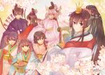  6+girls :o absurdres akagi_(kancolle) akebono_(kancolle) alternate_costume arrow_(projectile) asagumo_(kancolle) bell black_hair blue_eyes bow braid brown_eyes brown_hair cherry_blossoms commentary_request floral_background flower glasses green_eyes hair_bell hair_flaps hair_flower hair_ornament hair_ribbon hand_fan headgear highres hinamatsuri japanese_clothes jingle_bell kaga_(kancolle) kantai_collection long_hair looking_at_viewer multiple_girls musashi_(kancolle) open_mouth paper_fan purple_hair remodel_(kantai_collection) revision ribbon saishi shigure_(kancolle) short_hair side_braid side_ponytail silver_hair smile twintails violet_eyes yamato_(kancolle) yanami_(yanayana_company) 