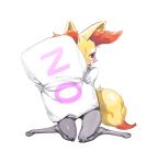 1girl animal_ear_fluff animal_ears animal_feet animal_nose black_fur blush body_fur braixen commentary_request embarrassed english_text fox_ears fox_girl fox_tail furry furry_female gu_deulmok half-closed_eyes hands_up highres holding holding_pillow korean_commentary looking_away looking_to_the_side nose_blush pillow pokemon pokemon_(creature) red_eyes shiny shiny_skin sitting snout solo sweat tail tsundere white_fur yellow_fur yes-no_pillow