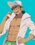  1boy bare_pectorals baseball_cap dark-skinned_male dark_skin facial_hair hat kiri_futoshi kukui_(pokemon) labcoat looking_to_the_side male_focus muscular muscular_male pectorals pokemon pokemon_(game) pokemon_sm simple_background smile teeth 