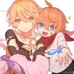 2boys absurdres aether_(genshin_impact) bangs blonde_hair blue_eyes blush braid breasts closed_mouth dated earrings eyebrows_visible_through_hair genshin_impact gloves hair_between_eyes hair_ornament highres jewelry long_hair long_sleeves male_focus multiple_boys orange_hair pants scarf sg_(under_siiiiii) shirt single_braid smile t-shirt tartaglia_(genshin_impact) translation_request white_background yellow_eyes