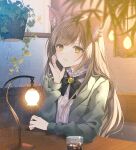  1girl absurdres animal_ears blonde_hair cup drink hands_on_own_face highres ice ice_cube indoors long_hair looking_at_viewer myusha original plant potted_plant solo straight-on symbol-only_commentary table teeth yellow_eyes 