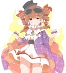  1girl bangle bow bracelet brown_hair clenched_hands closed_mouth coat cowboy_shot dress drill_hair earrings ellipsis_(mitei) eyewear_on_head floral_print hat hat_bow high_collar jewelry necklace orange_eyes pendant purple_coat ribbon ring round_eyewear smile sunglasses top_hat touhou twin_drills white_dress yorigami_jo&#039;on 