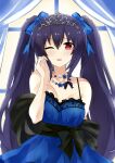  1girl alternate_costume bare_shoulders black_hair blue_dress blue_ribbon breasts collarbone dress english_commentary hair_between_eyes hair_ornament hair_ribbon highres indoors long_hair looking_at_viewer neptune_(series) noire_(neptune_series) one_eye_closed open_mouth red_eyes ribbon smile solo tiara twintails window zatsu 