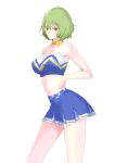  1girl alternate_costume bangs blue_skirt closed_mouth contrapposto detached_collar feet_out_of_frame green_hair hands_on_hips kazami_yuuka looking_at_viewer navel red_eyes short_hair simple_background skirt solo standing strapless tohoyuukarin touhou touhou_lost_word tube_top white_background 