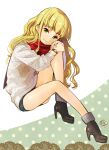 1girl absurdres bangs bare_legs blonde_hair boots character_request closed_mouth eyebrows_visible_through_hair from_side full_body green_eyes hands_on_own_knees high_heel_boots high_heels highres long_hair long_sleeves looking_at_viewer momoyama_hinase red_scarf ribbed_sweater scarf school_girl_strikers shiny shiny_hair sitting sketch smile solo sweater very_long_hair watch watch white_background white_sweater 