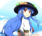  1girl bangs black_headwear blue_hair blue_sky bow bowtie breasts closed_mouth clouds cloudy_sky collared_shirt eyebrows_visible_through_hair hat highres hinanawi_tenshi long_hair looking_back outdoors peach_hat_ornament puffy_short_sleeves puffy_sleeves rakkidei red_bow red_bowtie red_eyes shirt short_sleeves sidelocks sky small_breasts sun_hat touhou upper_body white_shirt 