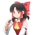  1girl ascot bare_shoulders black_hair bow closed_mouth commentary eating eyebrows_visible_through_hair frilled_bow frills hair_bow hair_tubes hakurei_reimu highres long_sleeves medium_hair rakkidei red_bow red_eyes red_vest ribbon-trimmed_sleeves ribbon_trim touhou upper_body vest wide_sleeves yellow_ascot 