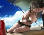  1girl absurdres abys alternate_costume bare_shoulders beach belt bikini black_belt breasts closed_mouth collarbone commentary_request dated day expressionless feet_out_of_frame girls_frontline green_bikini green_eyes green_shorts hair_between_eyes highres large_breasts lips long_hair looking_at_viewer lying ocean outdoors shorts sideboob signature solo swimsuit ump40_(girls&#039;_frontline) under_boob 