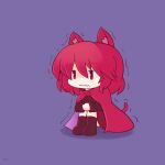 1girl 216 animal_ear_fluff animal_ears black_shirt blue_background boots cape cat_ears cat_tail chibi closed_mouth eyebrows_visible_through_hair full_body hair_between_eyes kemonomimi_mode knees_up long_sleeves looking_ahead red_cape red_eyes redhead sekibanki shirt short_hair sitting solo tail touhou trembling wavy_mouth 
