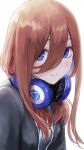  1girl bangs black_jacket blazer blue_eyes blush brown_hair closed_mouth commentary_request go-toubun_no_hanayome hair_between_eyes headphones headphones_around_neck highres ishiyuki00 jacket long_hair looking_at_viewer nakano_miku school_uniform shiny shiny_hair shirt smile solo upper_body white_shirt 