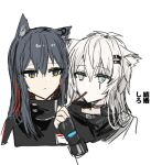  2girls animal_ear_fluff animal_ears arknights bangs black_capelet black_hair black_jacket blue_eyes capelet chihuri cropped_torso ear_piercing eyebrows_visible_through_hair food food_in_mouth grey_hair hair_between_eyes hair_ornament hairclip hand_up holding holding_food jacket lappland_(arknights) long_hair multicolored_hair multiple_girls piercing pocky redhead simple_background texas_(arknights) translation_request two-tone_hair upper_body white_background 