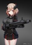  1girl absurdres armband azur_lane bangs black_jacket black_shirt black_skirt blonde_hair breasts closed_mouth commentary cross crossed_bangs eyebrows_visible_through_hair gauntlets grey_background gun hair_between_eyes highres holding holding_gun holding_weapon iron_cross jacket large_breasts legs_together looking_at_viewer machine_gun matsunaga_maguro mg42 miniskirt multicolored_hair pleated_skirt redhead roon_(azur_lane) shirt short_hair sidelocks simple_background skirt smile solo standing streaked_hair thighs twitter_username weapon yellow_eyes 