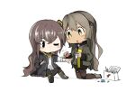  2girls bandages bangs black_legwear blush brown_eyes brown_hair closed_mouth eyebrows_visible_through_hair fingerless_gloves first_aid_kit full_body girls_frontline gloves grey_hair hair_between_eyes hair_ornament jacket knee_pads long_hair looking_at_another mimang_juun multiple_girls one_eye_closed one_side_up open_mouth pantyhose scar scar_across_eye scar_on_face shirt simple_background single_knee_pad sitting skirt symbol-shaped_pupils thigh_strap ump40_(girls&#039;_frontline) ump45_(girls&#039;_frontline) white_background white_shirt 