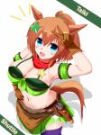  1girl :d animal_ears arm_up armpits bandana bandeau bangs bare_shoulders bikini bikini_under_clothes blue_eyes blush breasts brown_gloves brown_hair character_name commentary_request cowboy_shot detached_sleeves eyebrows_visible_through_hair front-tie_top gloves green_skirt groin hair_ornament hand_on_hip highres horse_ears large_breasts looking_at_viewer midriff miniskirt navel open_mouth ponytail purple_legwear short_hair short_sleeves simple_background skirt skirt_set smile solo standing star_(symbol) star_hair_ornament stomach strapless swimsuit taiki_shuttle_(umamusume) tail thigh-highs tkka tube_top umamusume v white_background 