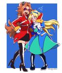  2girls :d @_@ black_skirt blonde_hair blue_coat blue_eyes blush boots breasts closed_eyes coat cousins dr._eggman dress eggmaam flying_sweatdrops genderswap genderswap_(mtf) glasses gloves green_dress hand_on_hip high_heel_boots high_heels highres laughing long_hair magicalm1a maria_robotnik multiple_girls orange_hair red_coat round_eyewear skirt smile sonic_(series) thigh-highs white_gloves 