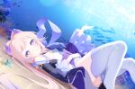  1girl absurdres blue_eyes blush bow bowtie fish frilled_sleeves frills full_body genshin_impact half-closed_eyes highres ia_(ias1010) light_rays long_sleeves looking_at_viewer lying ocean on_back pink_hair sangonomiya_kokomi smile solo starfish thigh-highs white_legwear wide_sleeves 