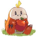  apple biting black_eyes eating fangs food fruit fuecoco grass looking_at_viewer no_humans open_mouth pokemon pokemon_(creature) pokemon_(game) pokemon_sv rybiok shade simple_background sitting solo white_background 