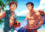  2boys abs artist_name beach biceps black_eyes blue_hair brown_eyes brown_hair clouds day fish glasses hand_on_hip hat highres jewelry long_sideburns looking_at_viewer male_focus mondoart1 multiple_boys muscular muscular_male navel necklace nipples ocean one_eye_closed open_clothes open_mouth open_shirt original palm_tree pectorals scar scar_on_face shirt short_hair shorts sideburns sky smile spiky_hair surfboard teenage thick_eyebrows topless topless_male tree younger 