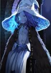  1girl balkonee blue_eyes blue_hair blue_headwear closed_mouth cracked_skin dress elden_ring extra_arms extra_faces flat_chest fur_cloak hat highres long_dress looking_at_viewer one_eye_closed ranni_the_witch sitting smile smug solo white_dress witch_hat 