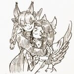  2girls :3 animal_ears bangs bird_wings blunt_bangs blush bow braid cat_ears closed_eyes closed_mouth collared_shirt commentary dress eyebrows_visible_through_hair feathered_wings graphite_(medium) greyscale hair_bow heads_together hug kaenbyou_rin long_hair menotama monochrome multiple_girls parted_bangs puffy_short_sleeves puffy_sleeves reiuji_utsuho shirt short_sleeves smile third_eye touhou traditional_media twin_braids v_arms wings 