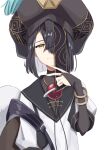  1girl 2gokghr black_hair black_headwear bracelet breasts bridal_gauntlets brown_eyes chinese_clothes commentary_request doll fate/grand_order fate_(series) hair_over_one_eye hat holding holding_doll jewelry long_sleeves looking_at_viewer mole mole_under_eye short_hair small_breasts smile space_xu_fu_(fate) v white_robe xu_fu_(fate) 