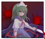  1girl blood blood_on_knife blouse blue_cape blue_sailor_collar blue_skirt breasts cape capelet cocoa_(cocoa1qld) commentary ellipsis_(mitei) green_eyes green_hair holding holding_knife knife medium_hair midriff_peek mima_(touhou) neckerchief puffy_short_sleeves puffy_sleeves red_neckerchief sailor_collar sailor_shirt school_uniform serafuku shirt short_sleeves skirt small_breasts tiara torn_cape torn_clothes touhou touhou_(pc-98) white_blouse white_headwear 