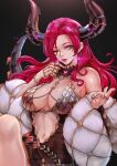  1girl bare_shoulders blue_eyes breasts dragon_queen_hane dress earrings feather_boa highres horns indie_virtual_youtuber jewelry large_breasts light_smile lips long_hair looking_at_viewer magion02 mechanical_horns mechanical_tail metal_bikini midriff multicolored_eyes navel one_eye_closed red_eyes redhead shiny shiny_hair shiny_skin simple_background solo tail 