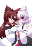  2girls animal_ears bangs bare_shoulders breasts brown_hair detached_sleeves dress fuuren_udon holding_hands imaizumi_kagerou inubashiri_momiji long_hair multiple_girls off_shoulder open_mouth shirt short_hair simple_background touhou violet_eyes white_background white_dress white_hair white_shirt white_sleeves 