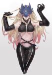  1girl beelstarmon black_gloves black_pants blonde_hair breasts commentary_request digimon digimon_(creature) elbow_gloves gloves gradient_hair highres m_makufirudo mask multicolored_hair pants pink_eyes revealing_clothes solo third_eye under_boob 
